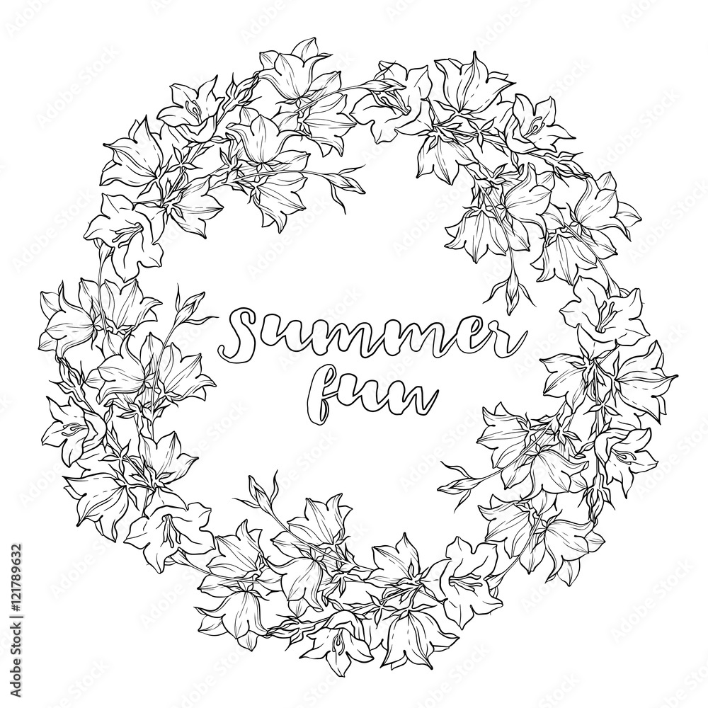 Circle pattern with bellflowers. Round kaleidoscope of flowers and floral elements.