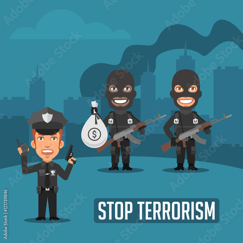 Policeman and Terrorists in City