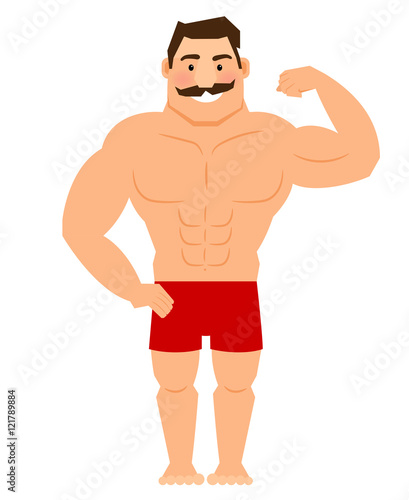 Beautiful cartoon muscular man with mustache, athletic male body vector illustration