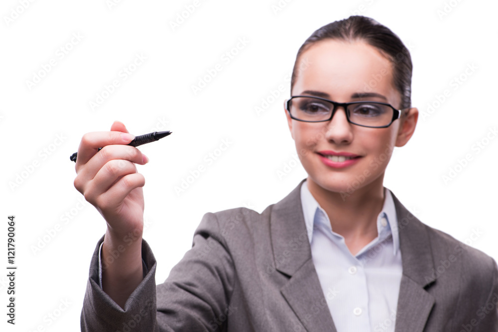 Businesswoman pressing virtual button in business concept Businesswoman pressing virtual button in business concept