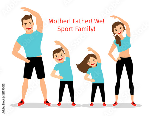 Active family vector illustration. Sport lifestyle parents and children exercising isolated on white background