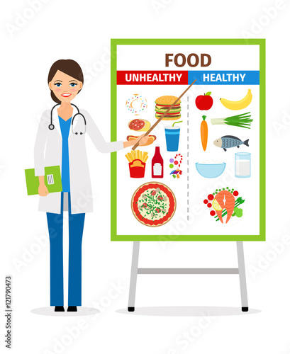 Nutritionist or dietician counselor doctor with diet and unhealthy food poster vector illustration