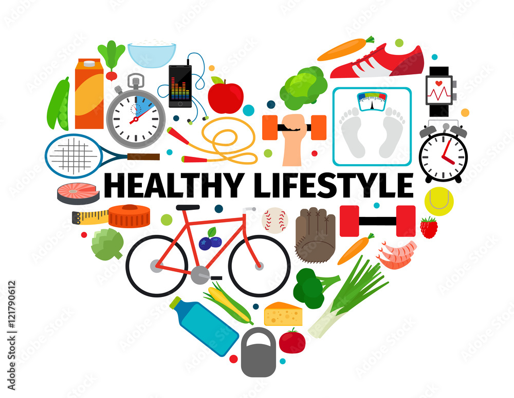 Vettoriale Stock Healthy lifestyle heart emblem. Health, healthy food and  active daily routine flat icons vector banner isolated on white background  | Adobe Stock