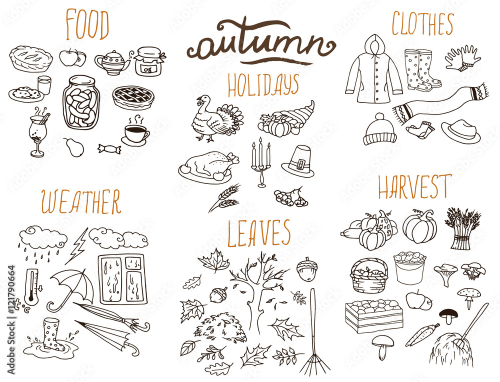 Hand-drawn autumn doodle collection. Line art seasonal set of illustrations.