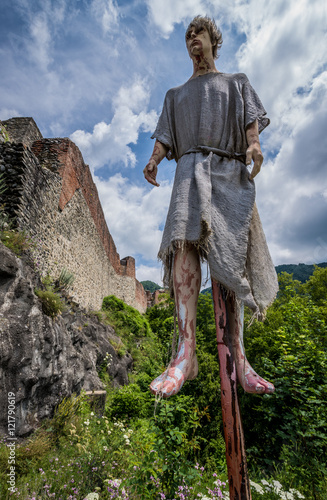 Photography Impalement scene in front of Ruined Poenari Castle on Mount Cetatea in Romania