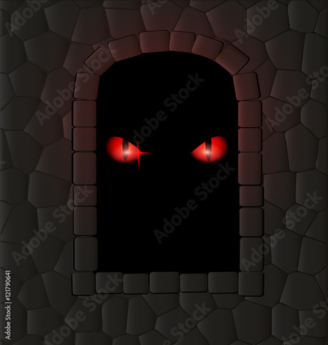 darkness, stone wall and red eyes