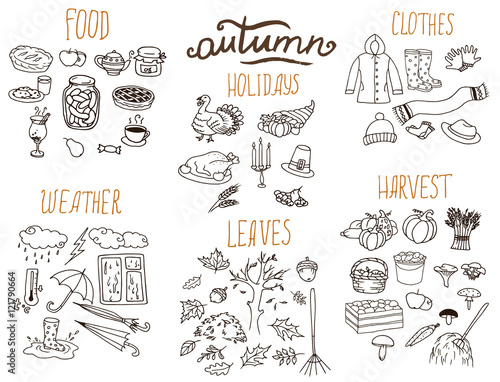 Hand-drawn autumn doodle collection. Line art seasonal set of illustrations.