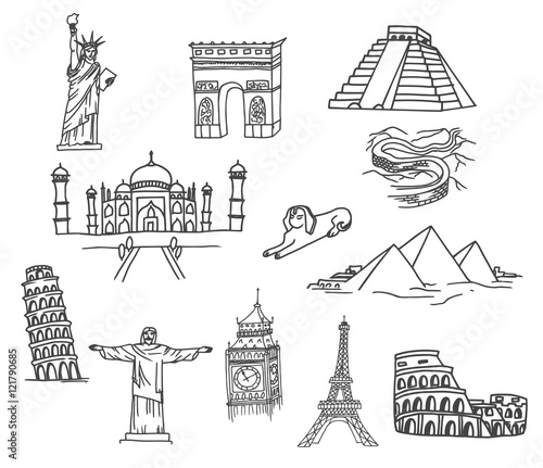 Hand-drawn doodles collection of the different famous buildings. Line art illustrations.