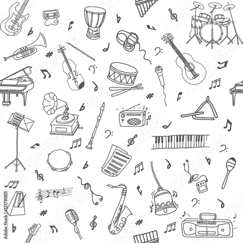 Hand-drawn doodle seamless pattern with different musical instruments and objects. Line art repeated background.