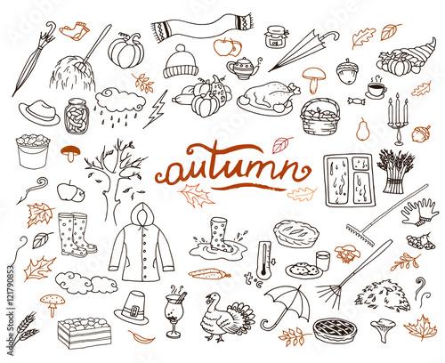 Hand-drawn autumn doodle collection. Line art seasonal set of illustrations.