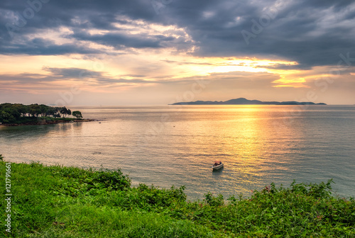 Sea beautiful golden at sunset in pattaya,thailand photo