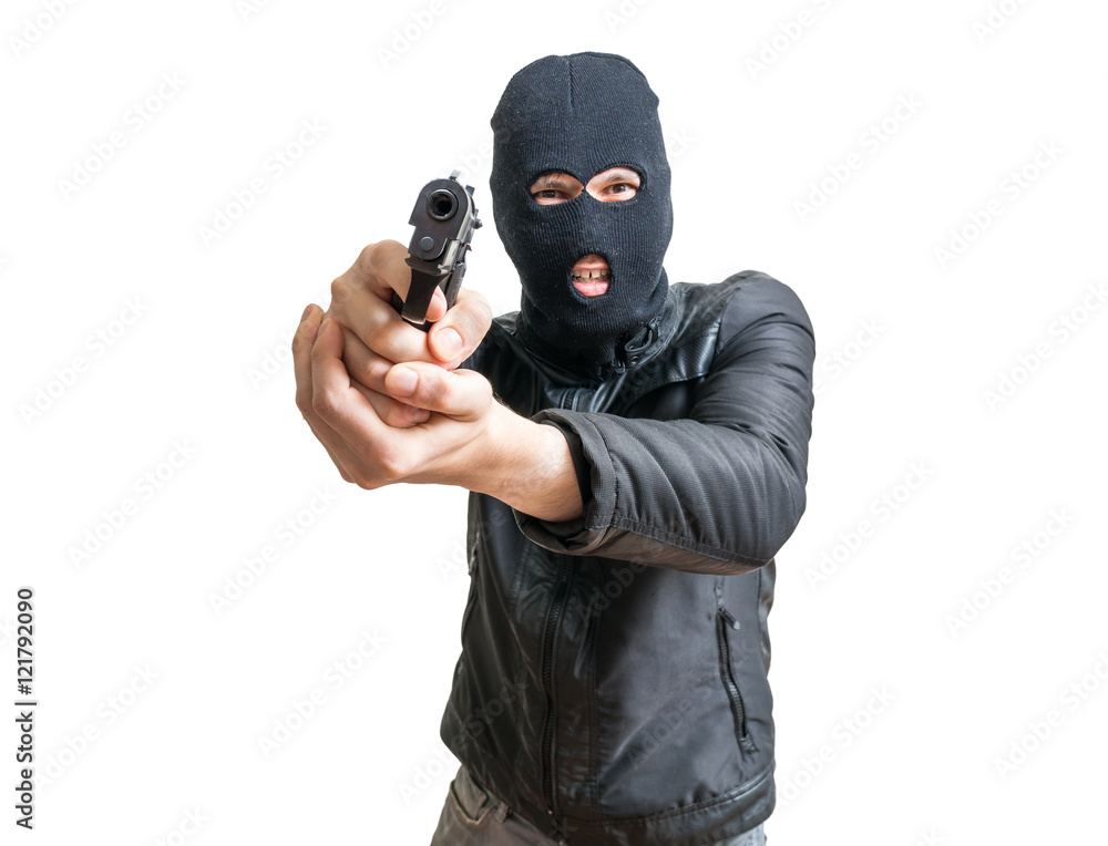 Burglar or robber aiming with pistol. Isolated on white background. Burglar or robber aiming with pistol. Isolated on white background.