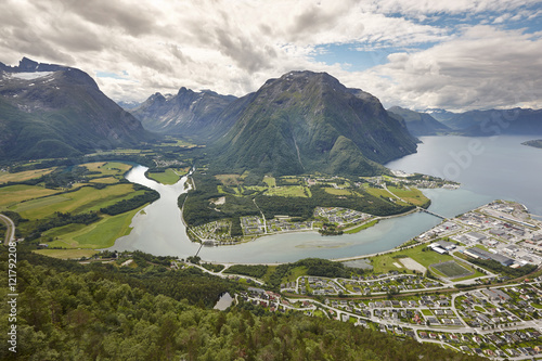 Norway landscape. Romsdal fjord, Rauma river and Romsdal mountai photo