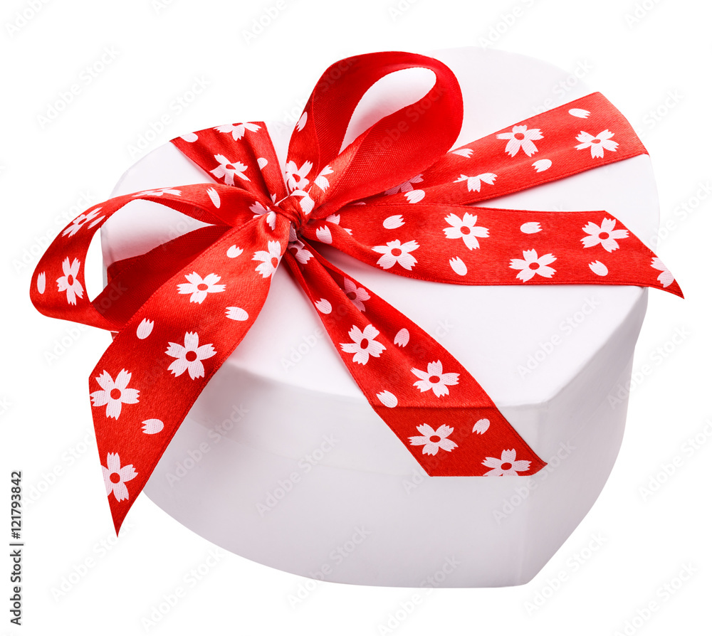 white gift box with a red  ribbon and bow clipping path