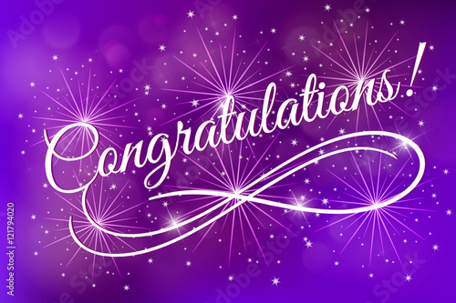 Congratulations. Card blue fireworks glowing fire blurred blue purple background. Poster, greeting card, banner invitation. Hand drawn design, handwritten modern brush lettering vector