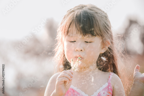 Little asian girl blowing away dandelion flower