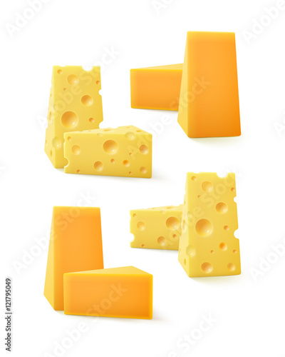 Set of Triangular Pieces Cheddar Swiss Cheese on White Background