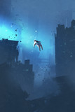 astronaut floating in abandoned city,mysterious space,illustration painting