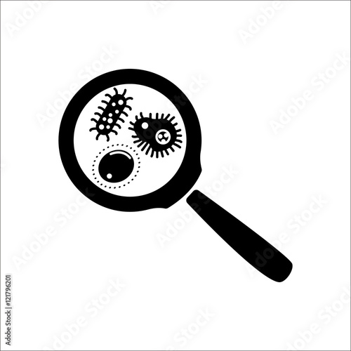Virus and bacteria with Magnifying glass sign silhouette icon on background