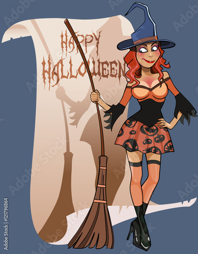 cartoon woman witch broom congratulations to the happy Halloween