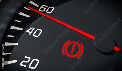 Brake system warning light in car dashboard. 3D rendered illustration.