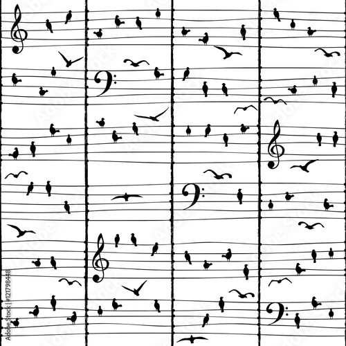 Seamless pattern of birds sitting on electrical wires like musical notes 