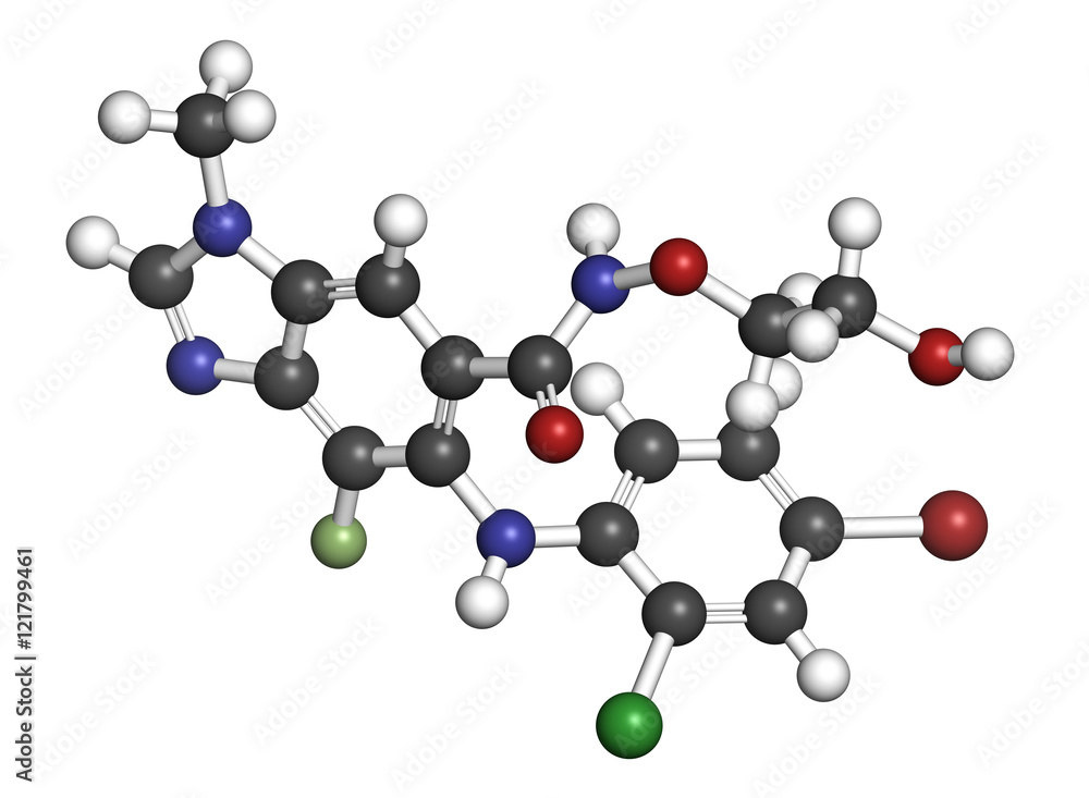 Selumetinib cancer drug molecule (MEK1 and MEK2 inhibitor). 3D rendering. 