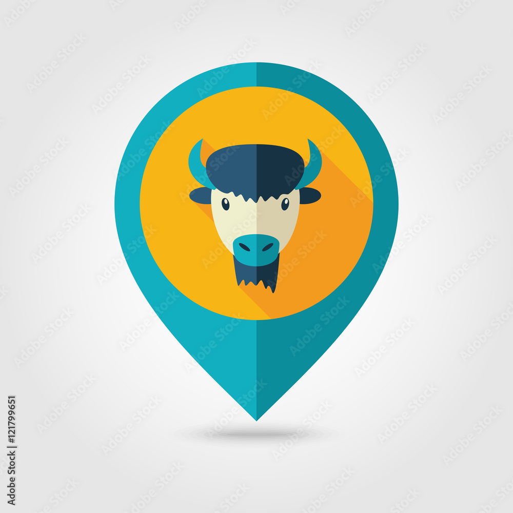 Bison buffalo ox flat pin map icon. Animal head Bison buffalo ox flat pin map icon. Animal head