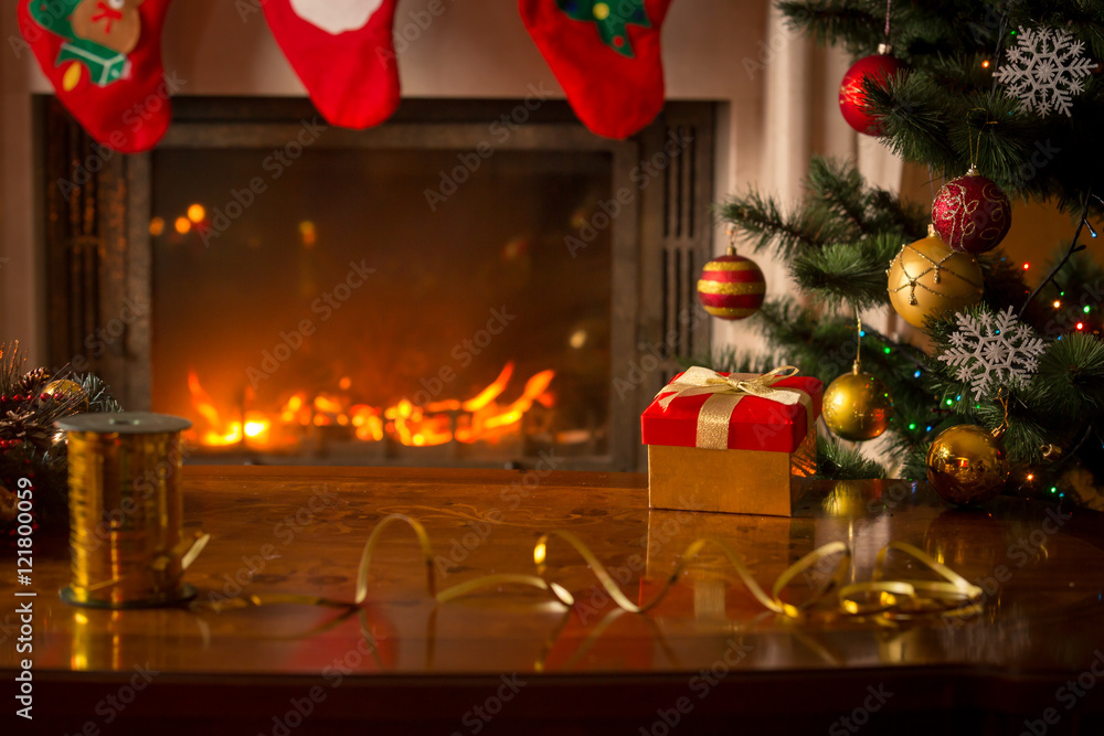 Christmas background with burning fireplace, Christmas tree, gif