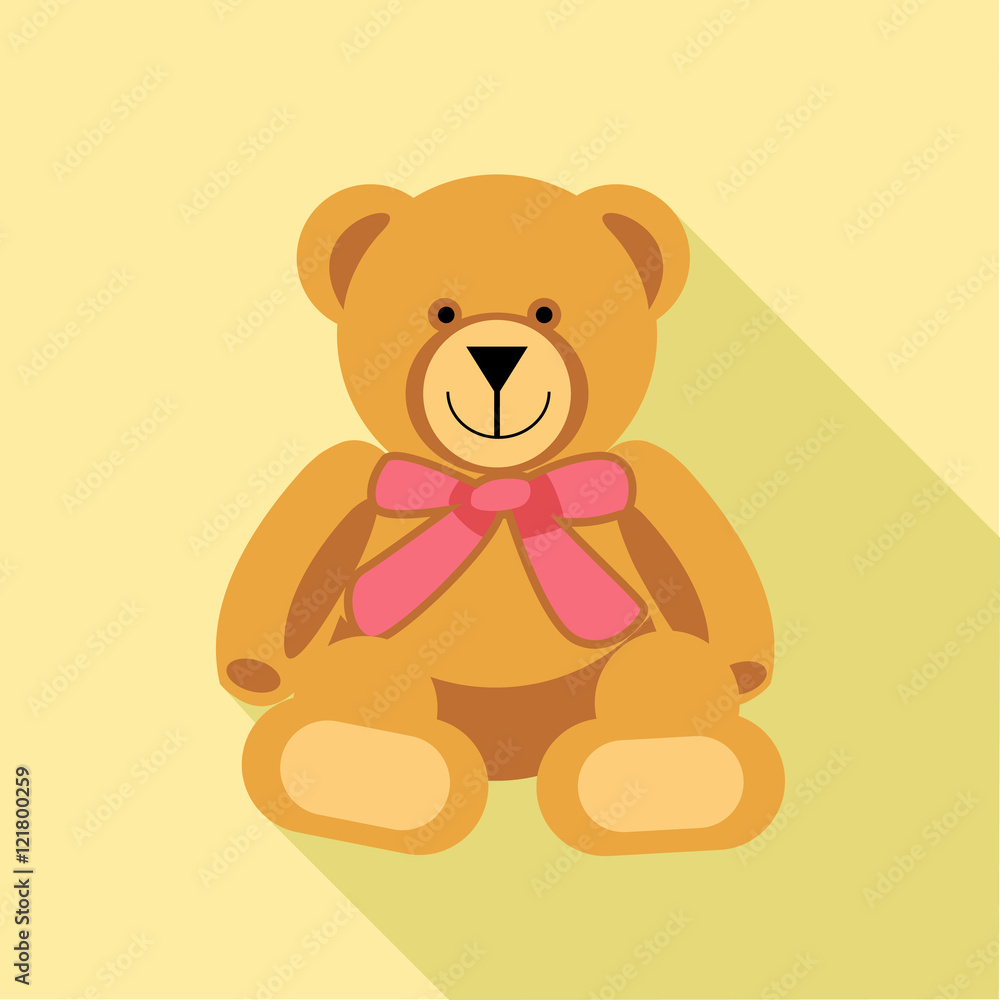 Fototapeta premium Digital vector bear toy with pink ribbon, over yellow background, flat style