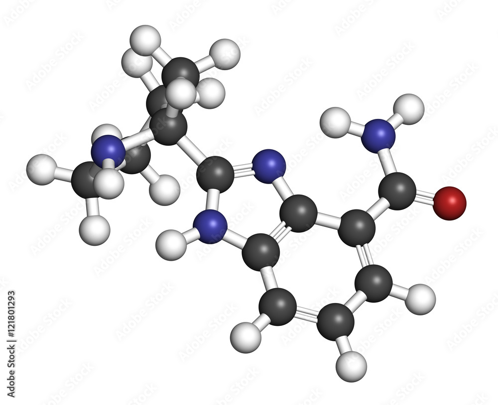 Veliparib cancer drug molecule (PARP inhibitor). 3D rendering. Veliparib cancer drug molecule (PARP inhibitor). 3D rendering.
