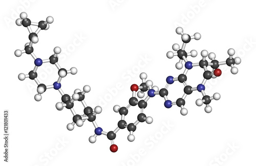 Volasertib cancer drug molecule (PLK1 inhibitor). 3D rendering.