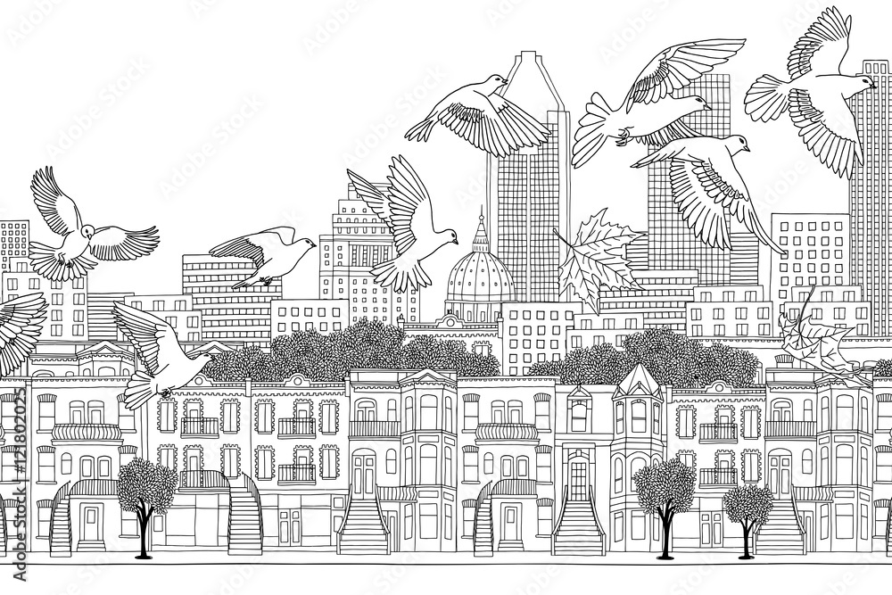 Birds over Montreal - black and white ink illustration of the city's skyline with a flock of birds