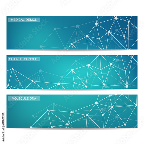 Set of modern scientific banners. Molecule structure DNA and neurons. Abstract background. Medicine, science, technology. Vector illustration for your design.