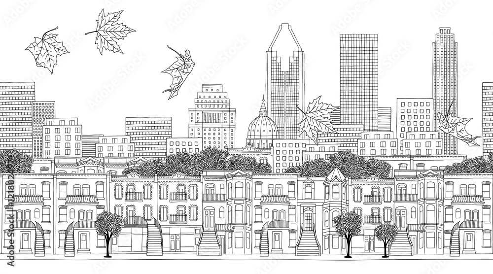 Montreal, Quebec / Canada - seamless banner of Montreal's skyline, hand drawn black and white illustration