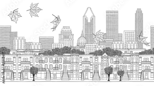Montreal  Quebec   Canada - seamless banner of Montreal s skyline  hand drawn black and white illustration