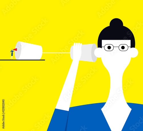 Speaking and Listening / A small business person is talking and a big business person is listening.