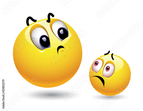 Big dominant smiley looking at small smiley with authority. Relation between dominant and inferior smileys. 
