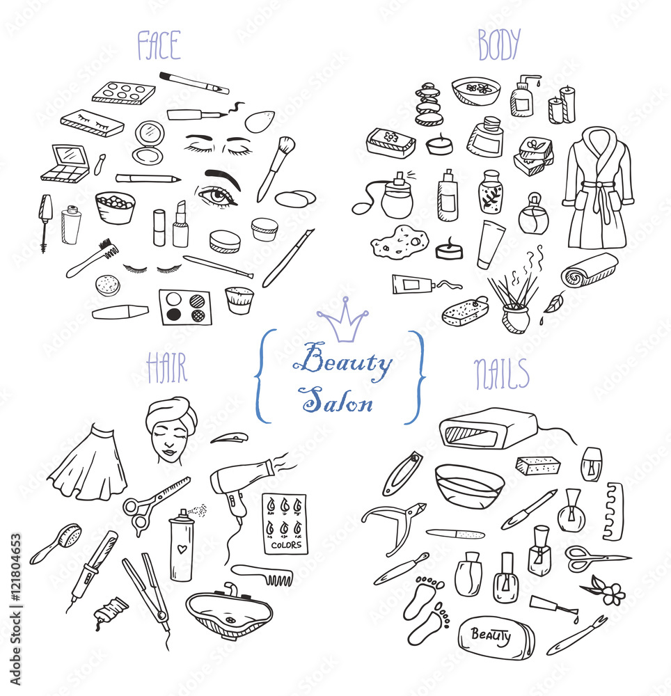 Hand-drawn line art collection of the different beauty objects. Kits of the beauty salon doodles. Four sets of the beauty icons on the white background.