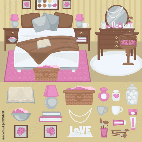 Vector woman bedroom interior.
