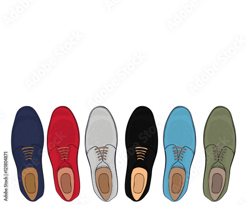 Advertising mens shoes assorted colors and sizes with a place for text. Business style in clothes. Vector