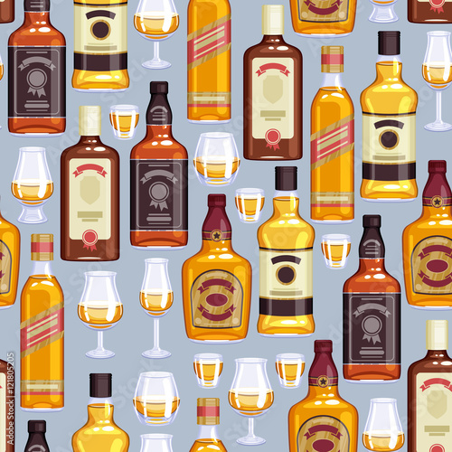 Whisky bottles and glasses background.