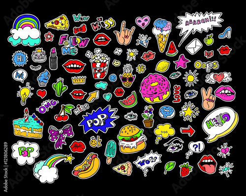Fashion modern doodle cartoon patch badges or stikers with speach bubbles