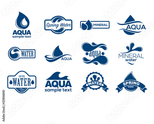 Blue logos set. Label for mineral water. Aqua icons collection.