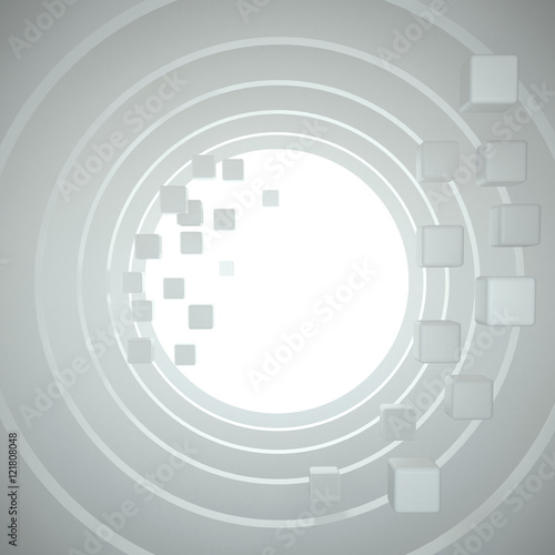 3d illustration. Round white tunnel with flying  falling cubes in perspective. Template  render.