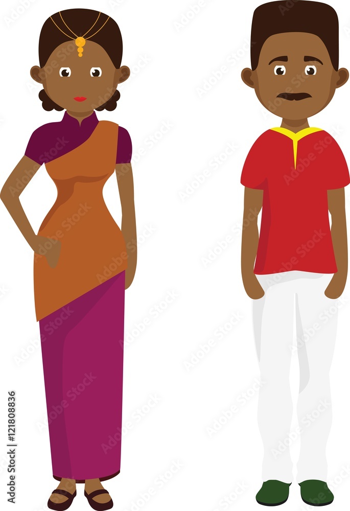 Indiancouple in traditional dress. Cartoon indian man and woman. Stock  Vector | Adobe Stock