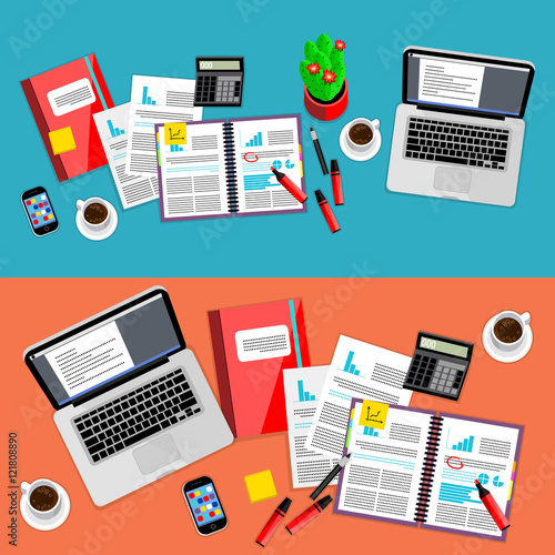 Business office and workspace background set, vector illustration. Top view of office desk with laptop, smartphone, coffee cup, paperwork and other objects on table. Modern workplace backgrounds