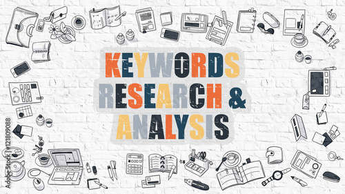Multicolor Keywords Research and Analysis on White Brickwall. 