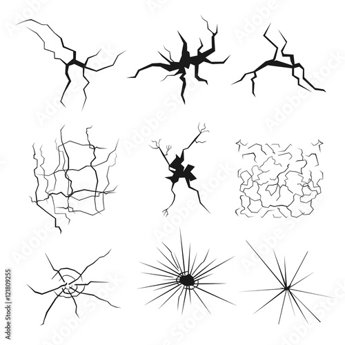 Set of cracks for disaster design. Different types isolated textures break earth, in the wall, glass clefts.