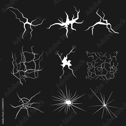 Set of cracks for disaster design. Different types isolated textures break earth, in the wall, glass clefts.